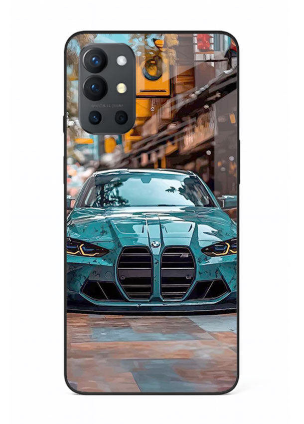 Teal BMW M4 in urban street setting with bold modern styling for OnePlus 9R