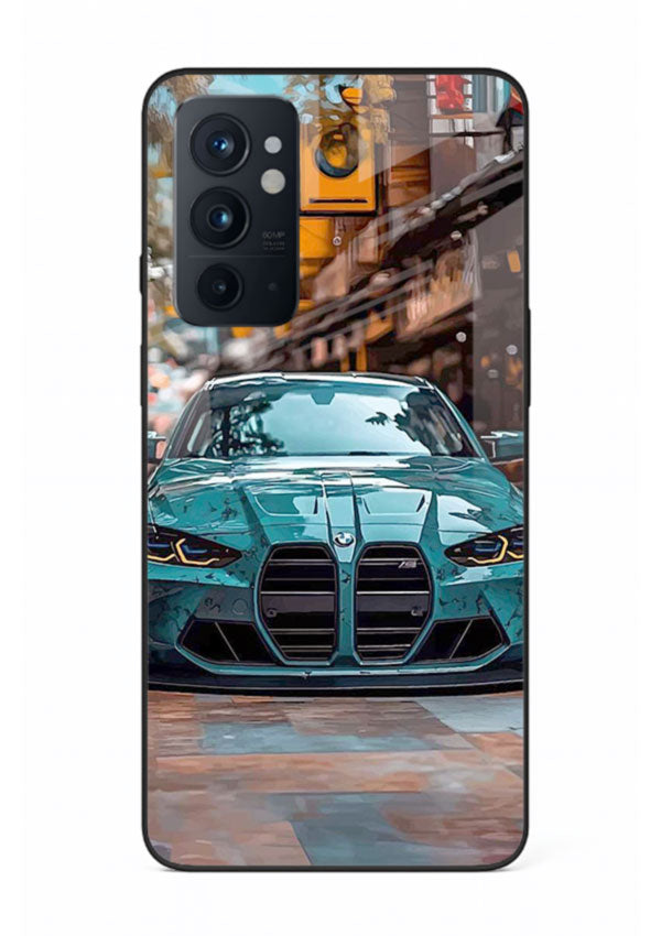 Teal BMW M4 in urban street setting with bold modern styling for OnePlus 9RT