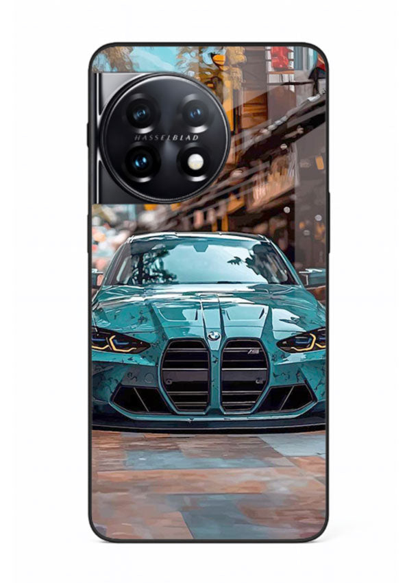 Teal BMW M4 in urban street setting with bold modern styling for OnePlus 11