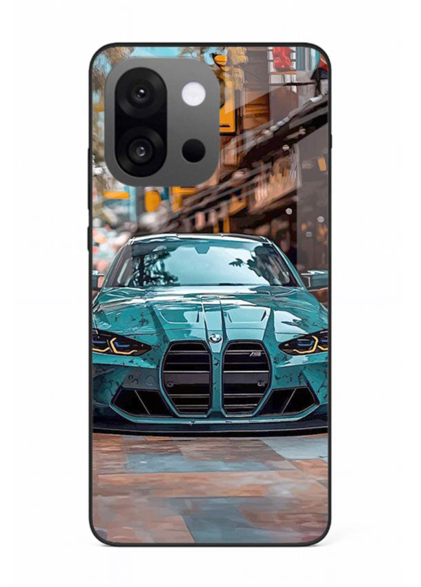 Teal BMW M4 in urban street setting with bold modern styling for OnePlus 13s