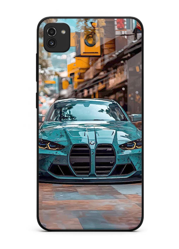 Teal BMW M4 in urban street setting with bold modern styling for Samsung A03