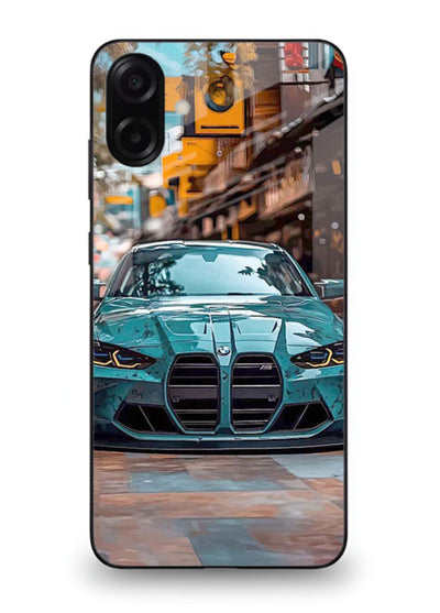 Teal BMW M4 in urban street setting with bold modern styling for Samsung M13 5G