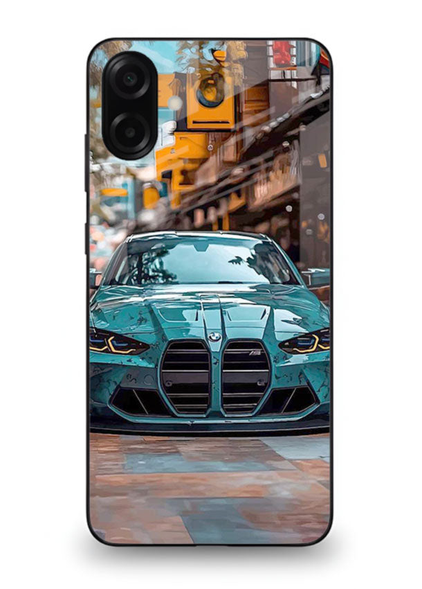 Teal BMW M4 in urban street setting with bold modern styling for Samsung M13 5G