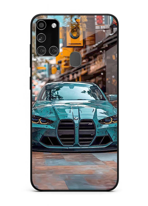 Teal BMW M4 in urban street setting with bold modern styling for Samsung A21s