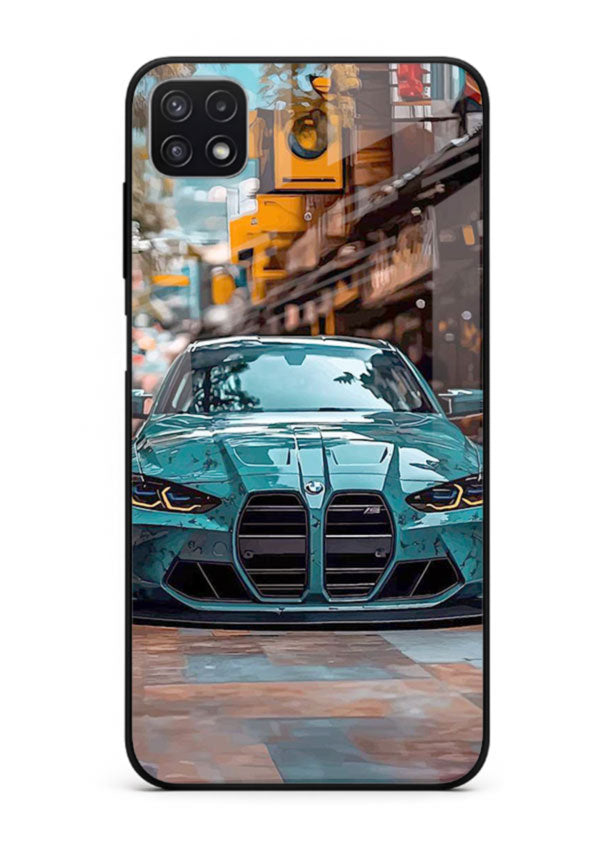 Teal BMW M4 in urban street setting with bold modern styling for Samsung F42 5G