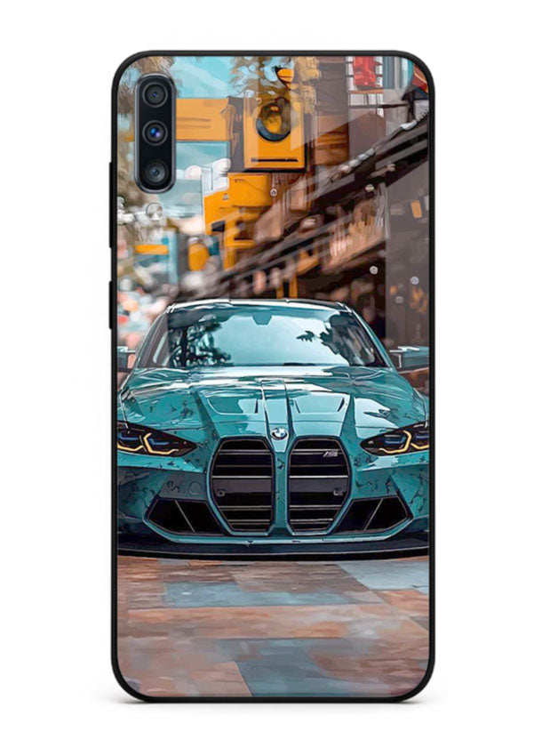 Teal BMW M4 in urban street setting with bold modern styling for Samsung A70