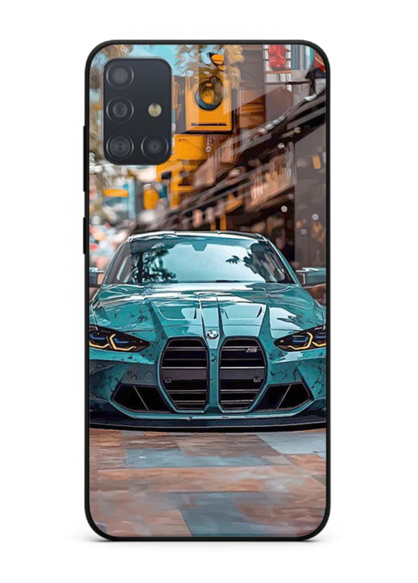 Teal BMW M4 in urban street setting with bold modern styling for Samsung A71