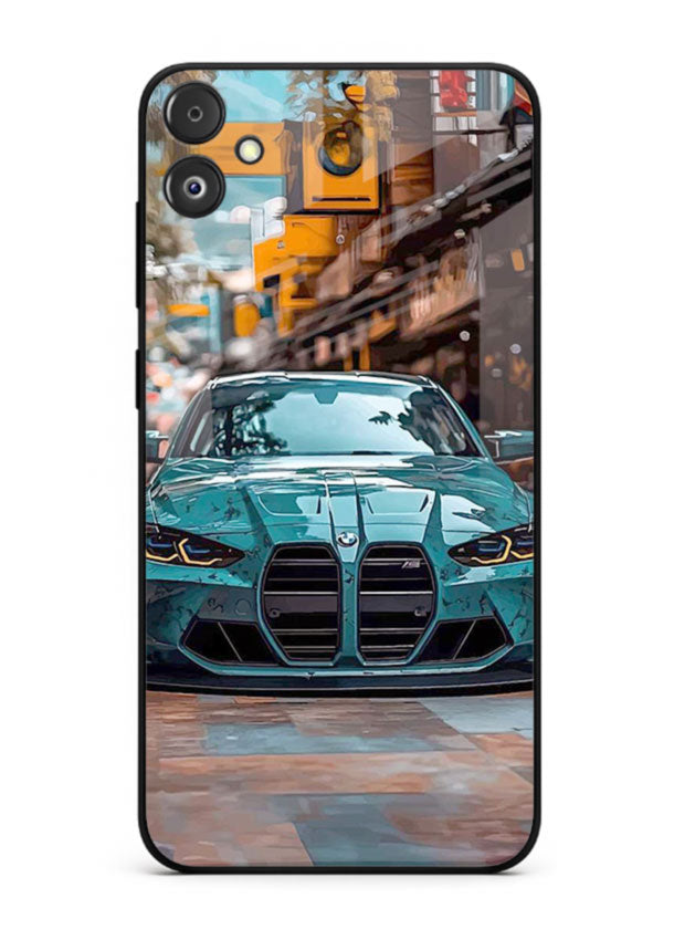 Teal BMW M4 in urban street setting with bold modern styling for Samsung F14 5G
