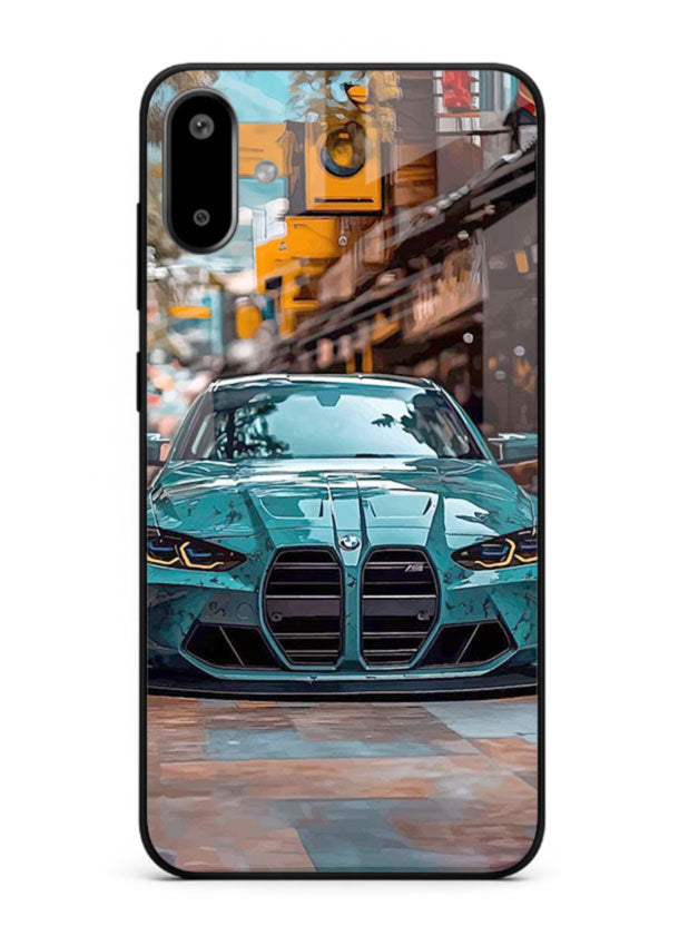 Teal BMW M4 in urban street setting with bold modern styling for Samsung F06 5G