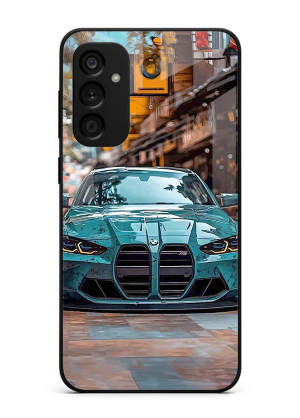 Teal BMW M4 in urban street setting with bold modern styling for Samsung M15 5G