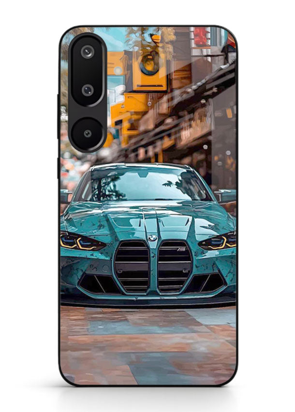 Teal BMW M4 in urban street setting with bold modern styling for Samsung M16 5G