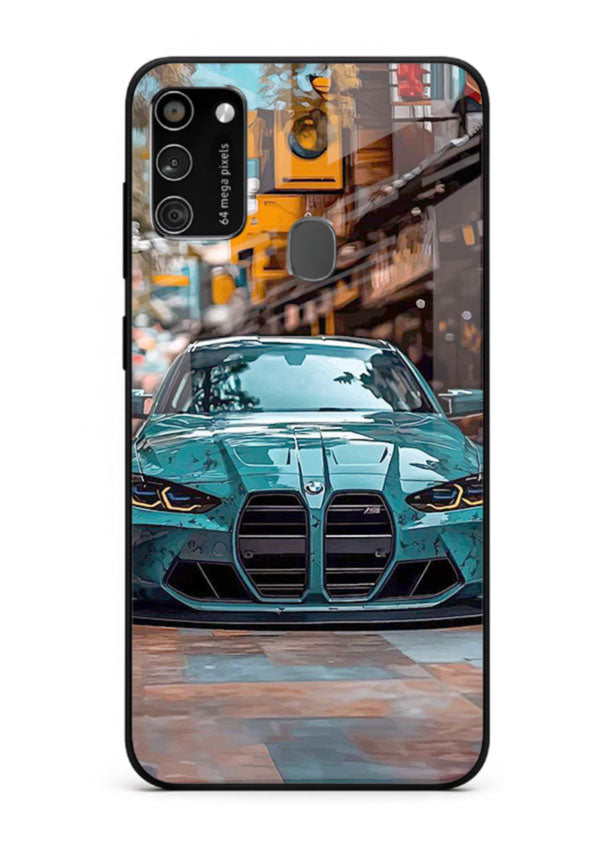 Teal BMW M4 in urban street setting with bold modern styling for Samsung M30s