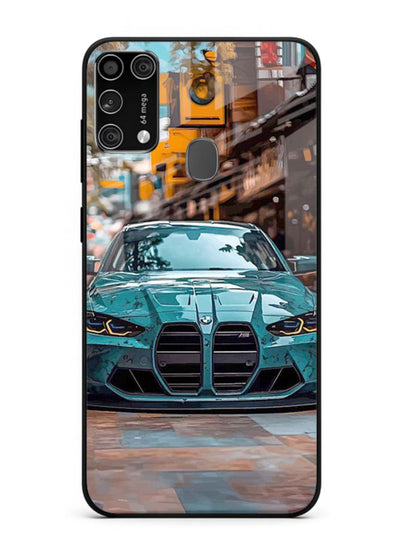 Teal BMW M4 in urban street setting with bold modern styling for Samsung M31