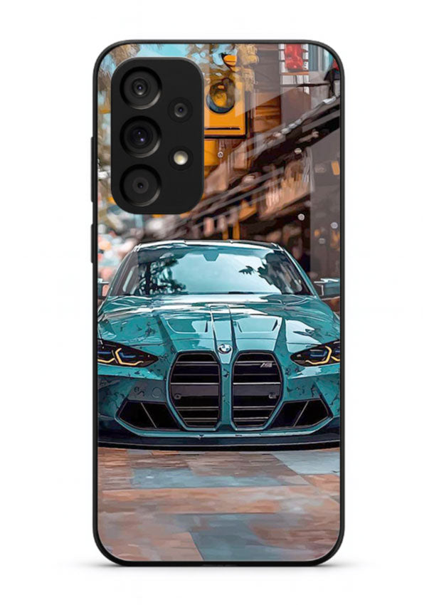 Teal BMW M4 in urban street setting with bold modern styling for Samsung M32 5G