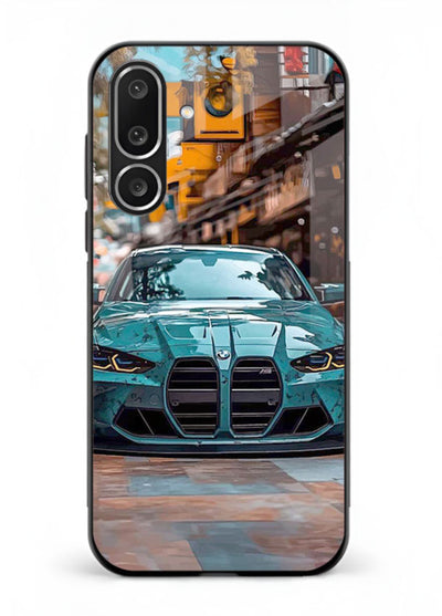 Teal BMW M4 in urban street setting with bold modern styling for Samsung M56 5G
