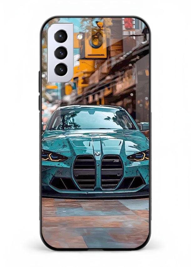 Teal BMW M4 in urban street setting with bold modern styling for Samsung S22