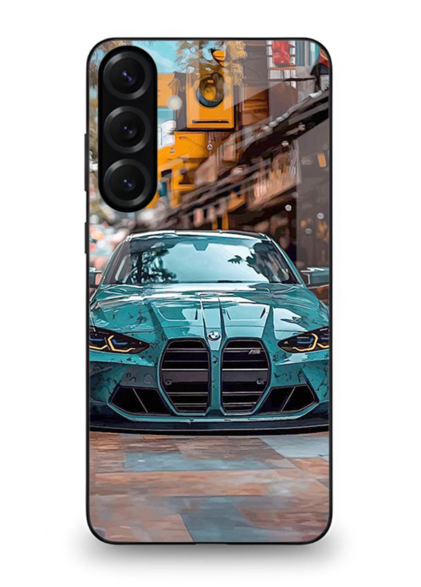 Teal BMW M4 in urban street setting with bold modern styling for Samsung S25