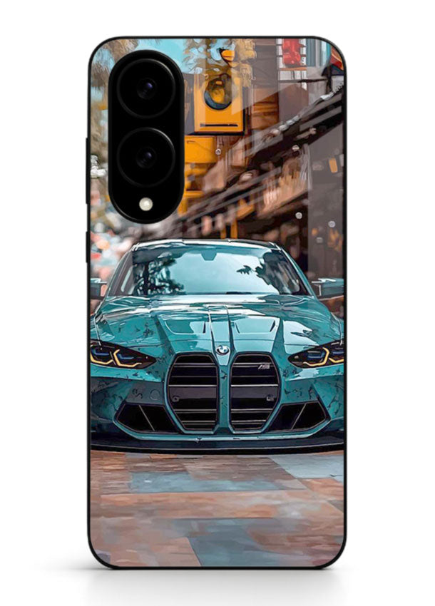 Teal BMW M4 in urban street setting with bold modern styling for Samsung S25 Edge