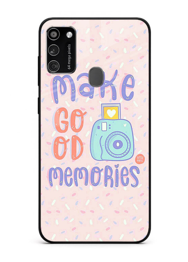 Make Good Memories pastel quote artwork Samsung M21 glass back cover