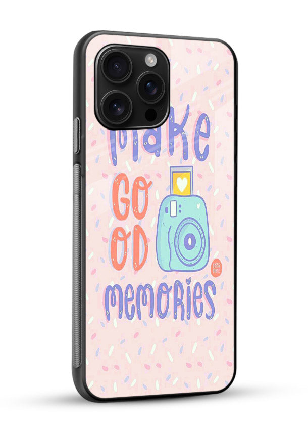 Make Good Memories pastel quote artwork glossy vibrant premium glass back cover - Angle Side