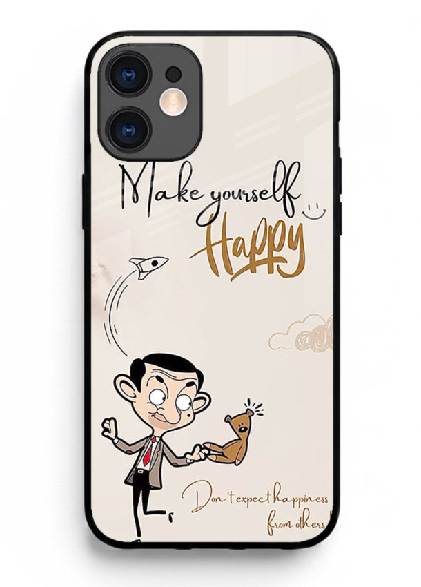 Playful character design printed on iphone 12 mini glass back cover with bright uplifting tones.