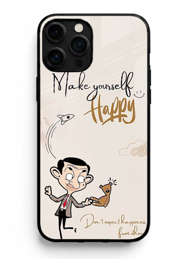 Playful character design printed on iphone 14 pro max glass back cover with bright uplifting tones.