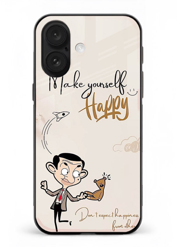 Playful character design printed on iphone 16 plus glass back cover with bright uplifting tones.
