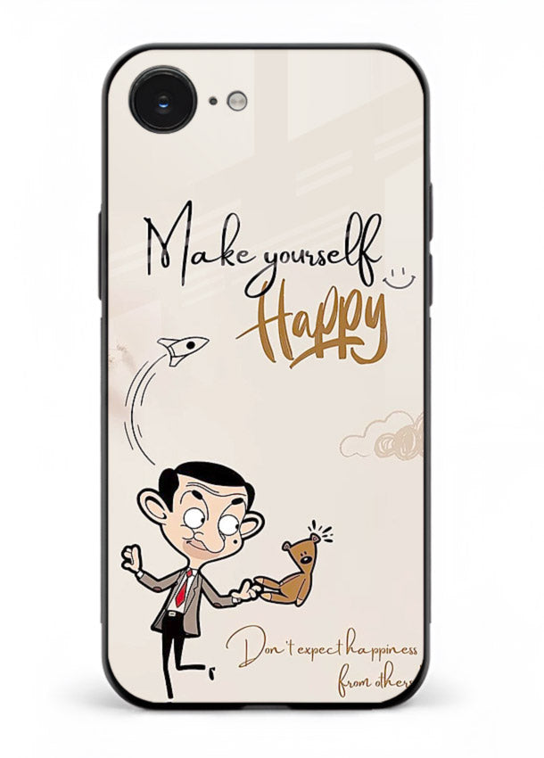 Playful character design printed on iphone 16e glass back cover with bright uplifting tones.