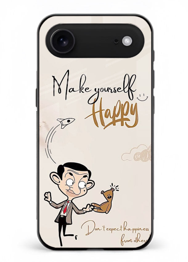 Playful character design printed on iphone 18 air glass back cover with bright uplifting tones.