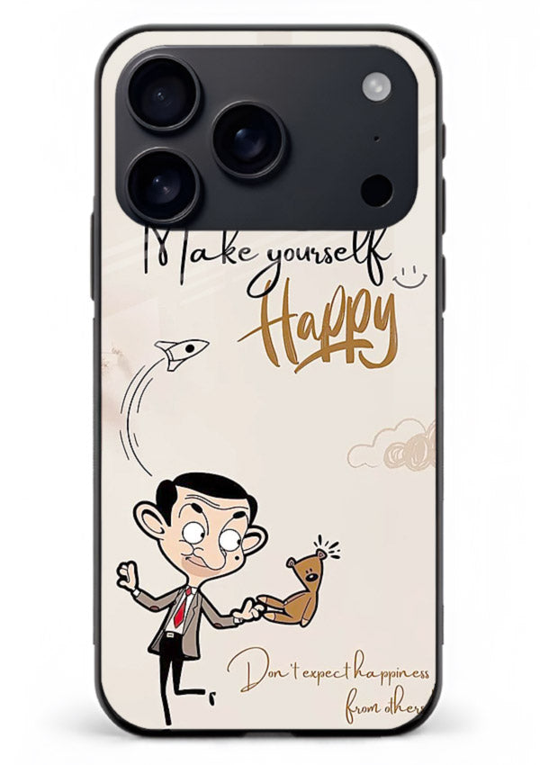 Playful character design printed on iphone 17 pro max glass back cover with bright uplifting tones.