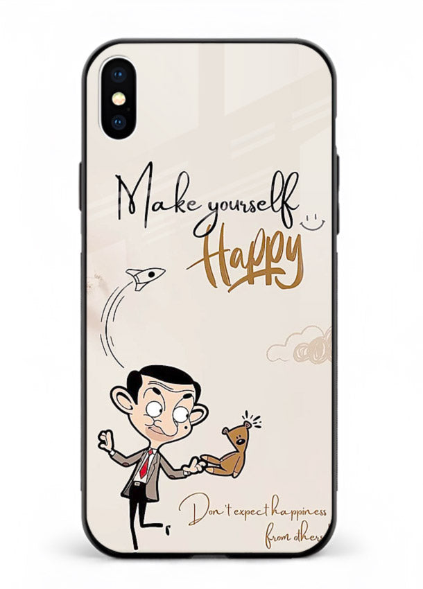 Playful character design printed on iphone xs max glass back cover with bright uplifting tones.