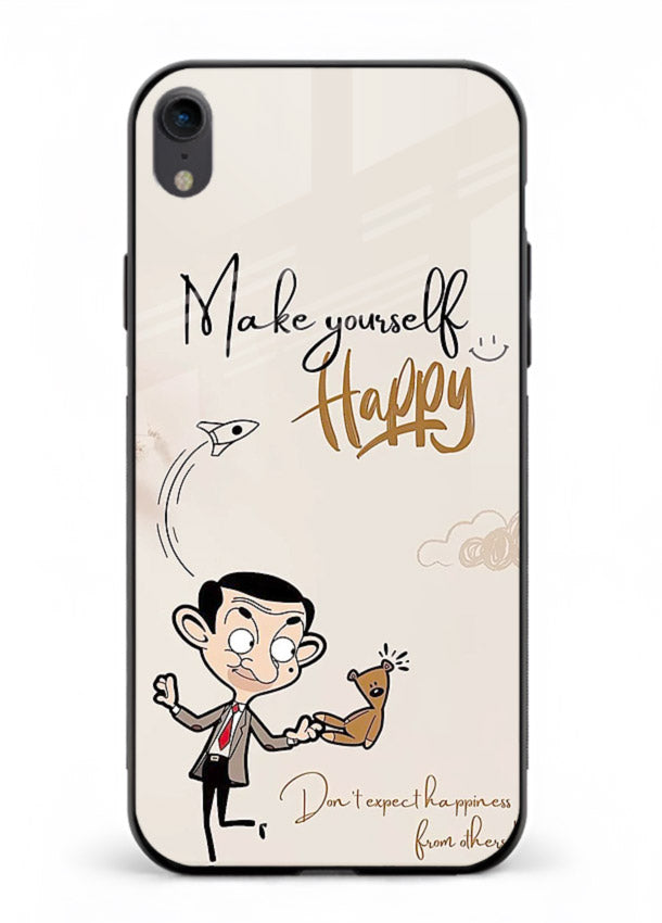 Playful character design printed on iphone xr glass back cover with bright uplifting tones.