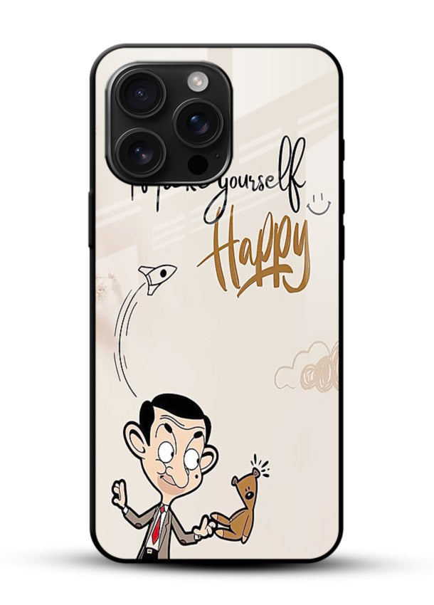 Playful character design printed on glossy vibrant premium glass back cover with bright uplifting tones. - Angle Front
