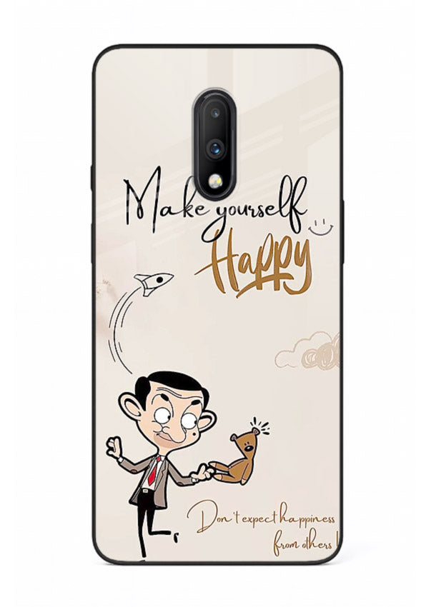 Playful character design printed on OnePlus 7 glass back cover with bright uplifting tones.