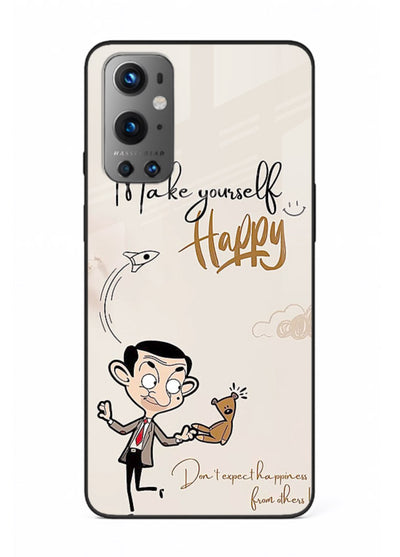 Playful character design printed on OnePlus 9 glass back cover with bright uplifting tones.