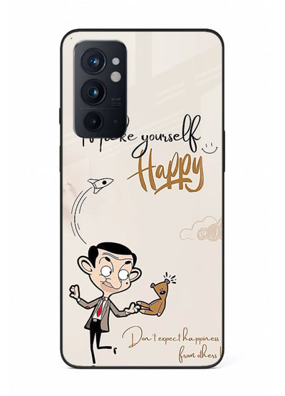 Playful character design printed on OnePlus 9RT glass back cover with bright uplifting tones.