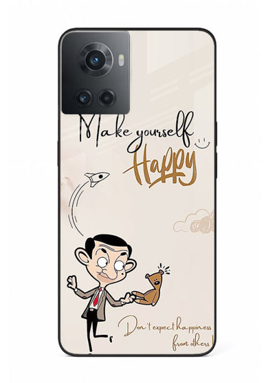 Playful character design printed on OnePlus 10R glass back cover with bright uplifting tones.