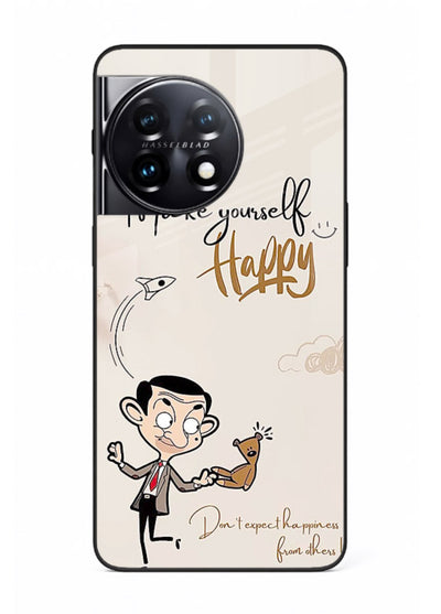 Playful character design printed on OnePlus 11 glass back cover with bright uplifting tones.