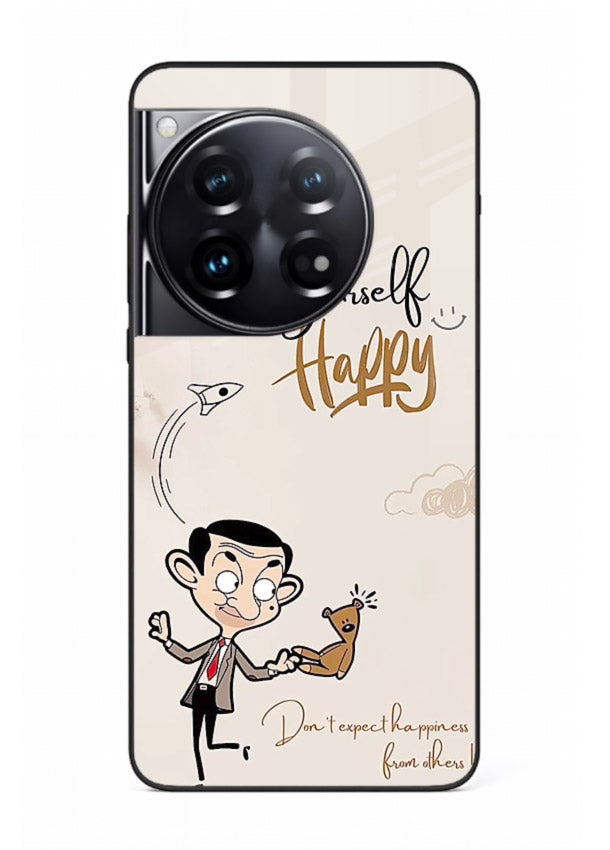 Playful character design printed on OnePlus 12 glass back cover with bright uplifting tones.