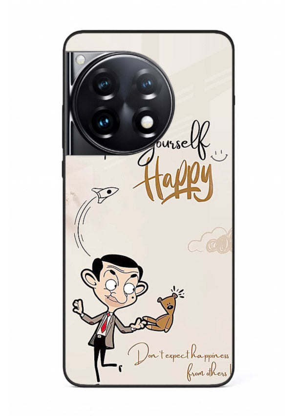 Playful character design printed on OnePlus 12R glass back cover with bright uplifting tones.
