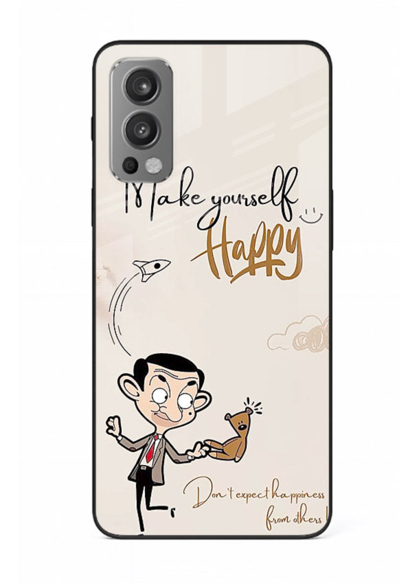 Playful character design printed on OnePlus Nord 2 glass back cover with bright uplifting tones.