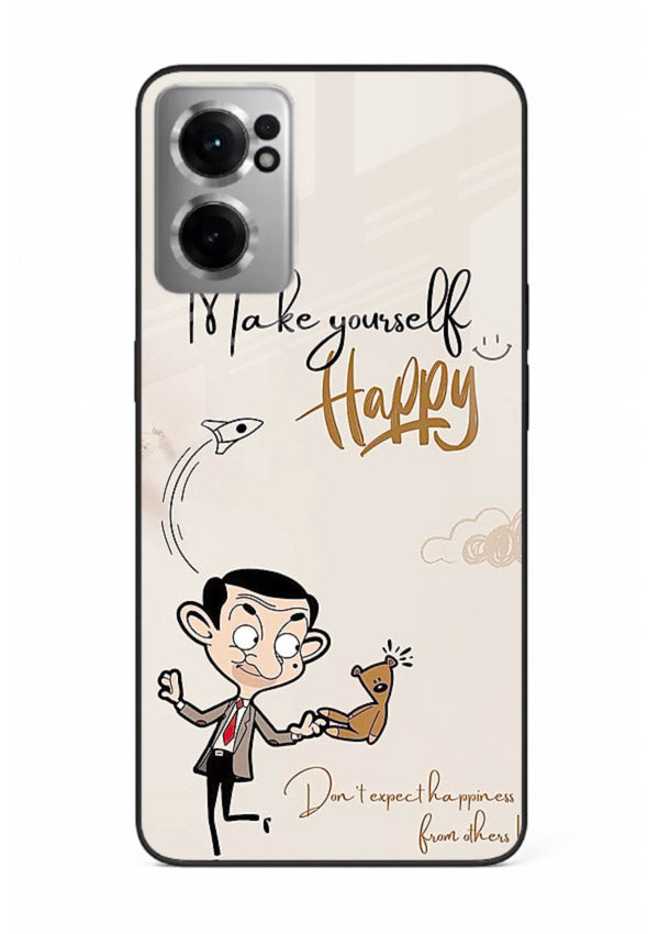Playful character design printed on OnePlus Nord CE2 5G glass back cover with bright uplifting tones.