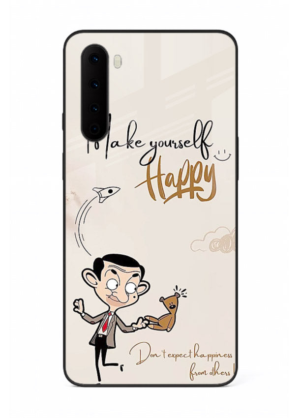 Playful character design printed on OnePlus Nord glass back cover with bright uplifting tones.