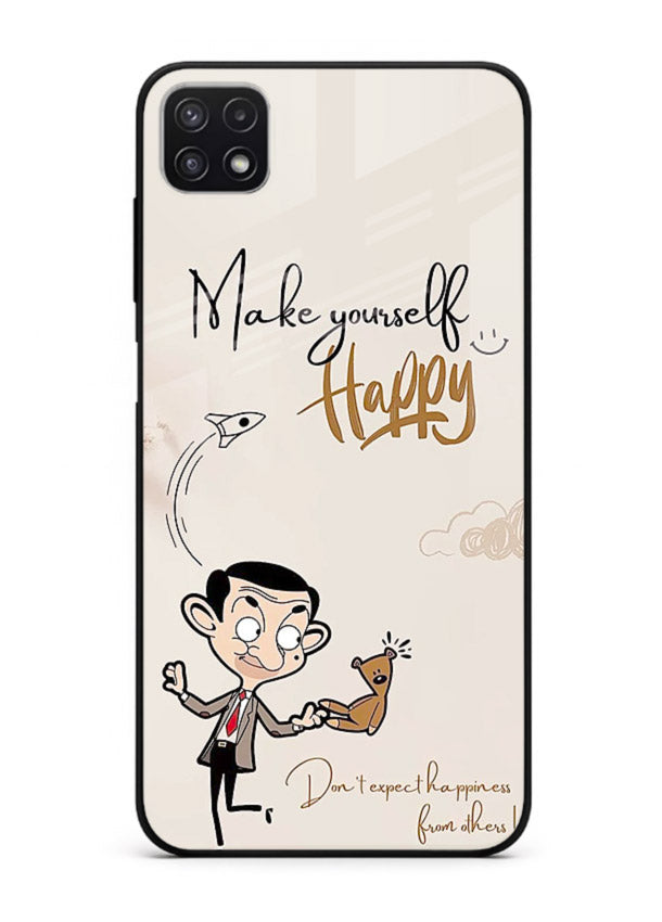 Playful character design printed on Samsung F42 5G glass back cover with bright uplifting tones.