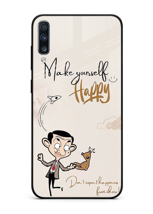 Playful character design printed on Samsung A50 glass back cover with bright uplifting tones.