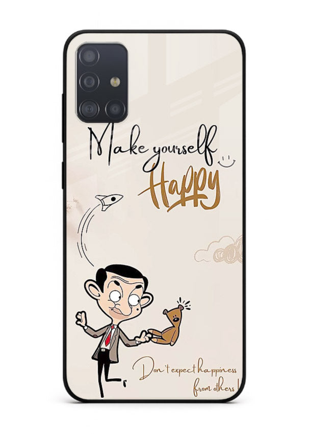 Playful character design printed on Samsung A71 glass back cover with bright uplifting tones.