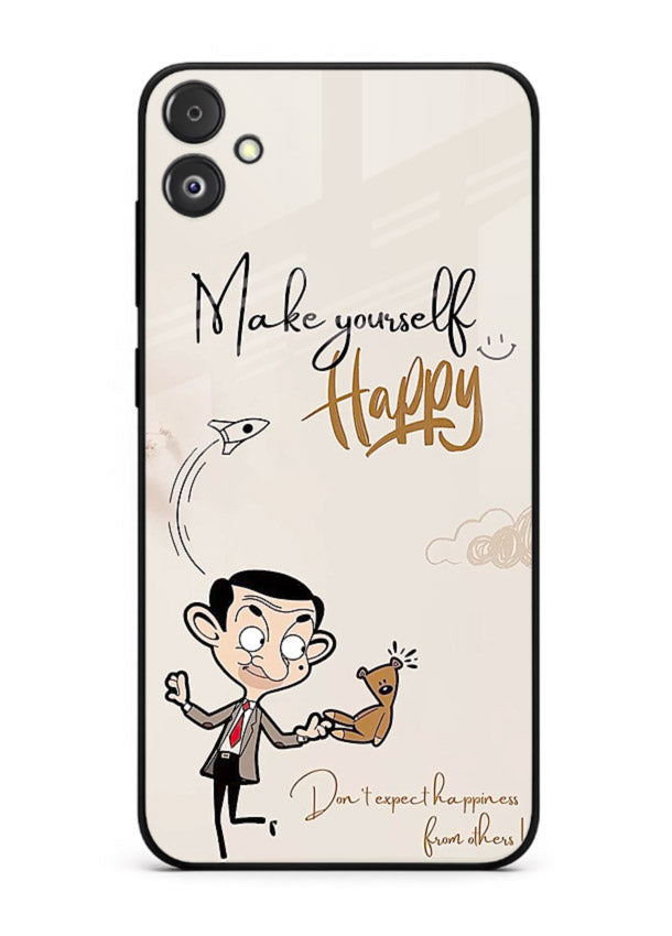 Playful character design printed on Samsung F04 5G glass back cover with bright uplifting tones.