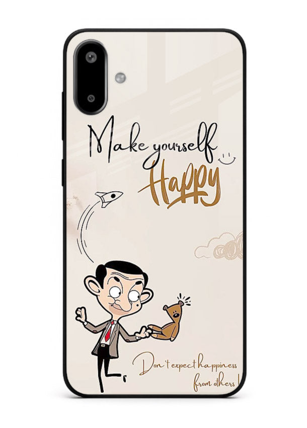 Playful character design printed on Samsung F06 5G glass back cover with bright uplifting tones.