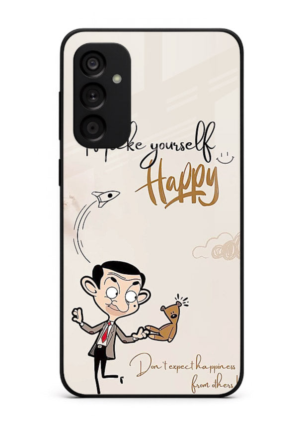 Playful character design printed on Samsung M14 4G glass back cover with bright uplifting tones.