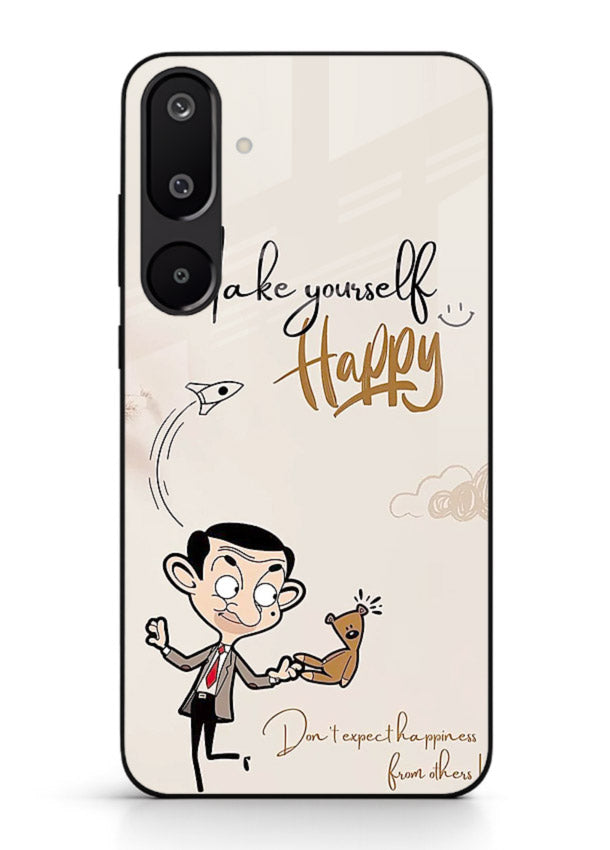 Playful character design printed on Samsung F16 5G glass back cover with bright uplifting tones.